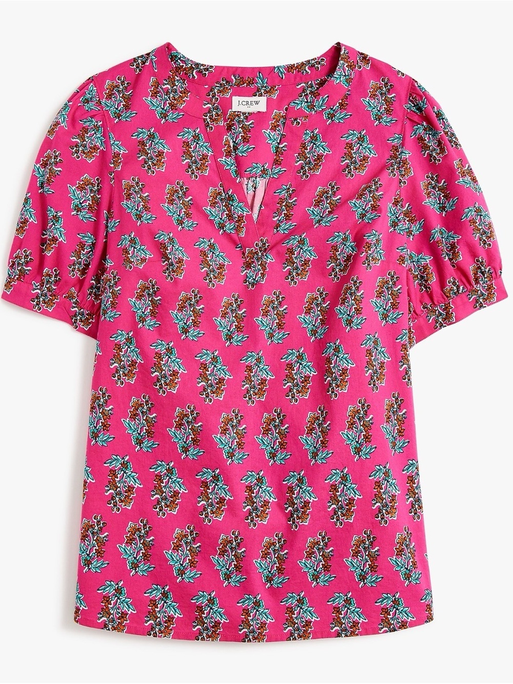 J. Crew Bright Pink Floral Split-Neck Short Sleeve Blouse